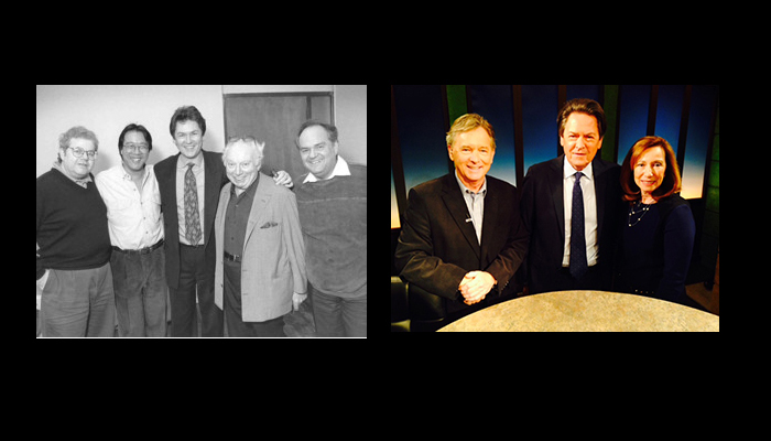 Left: Dr. Peter Simon (centre) with Emmanuel Ax, Yo-Yo Ma, Isaac Stern, and Jaime Laredo at The Royal Conservatory in February 1994. Right: Dr. Peter Simon appears on Toronto Files with hosts Helen Burstyn and Jim Deeks